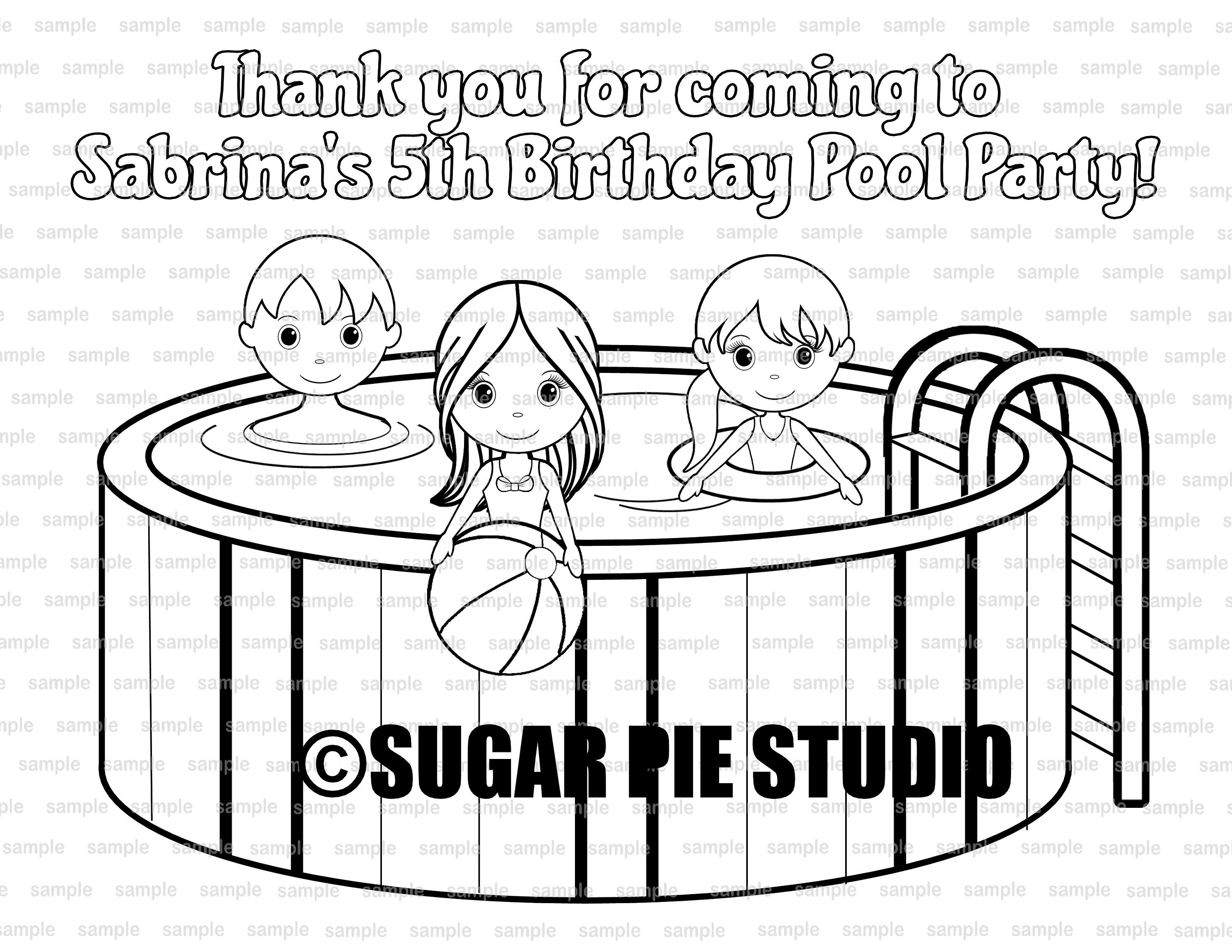 Personalized pool party coloring page birthday party favor colouring activity sheet personalized printable template