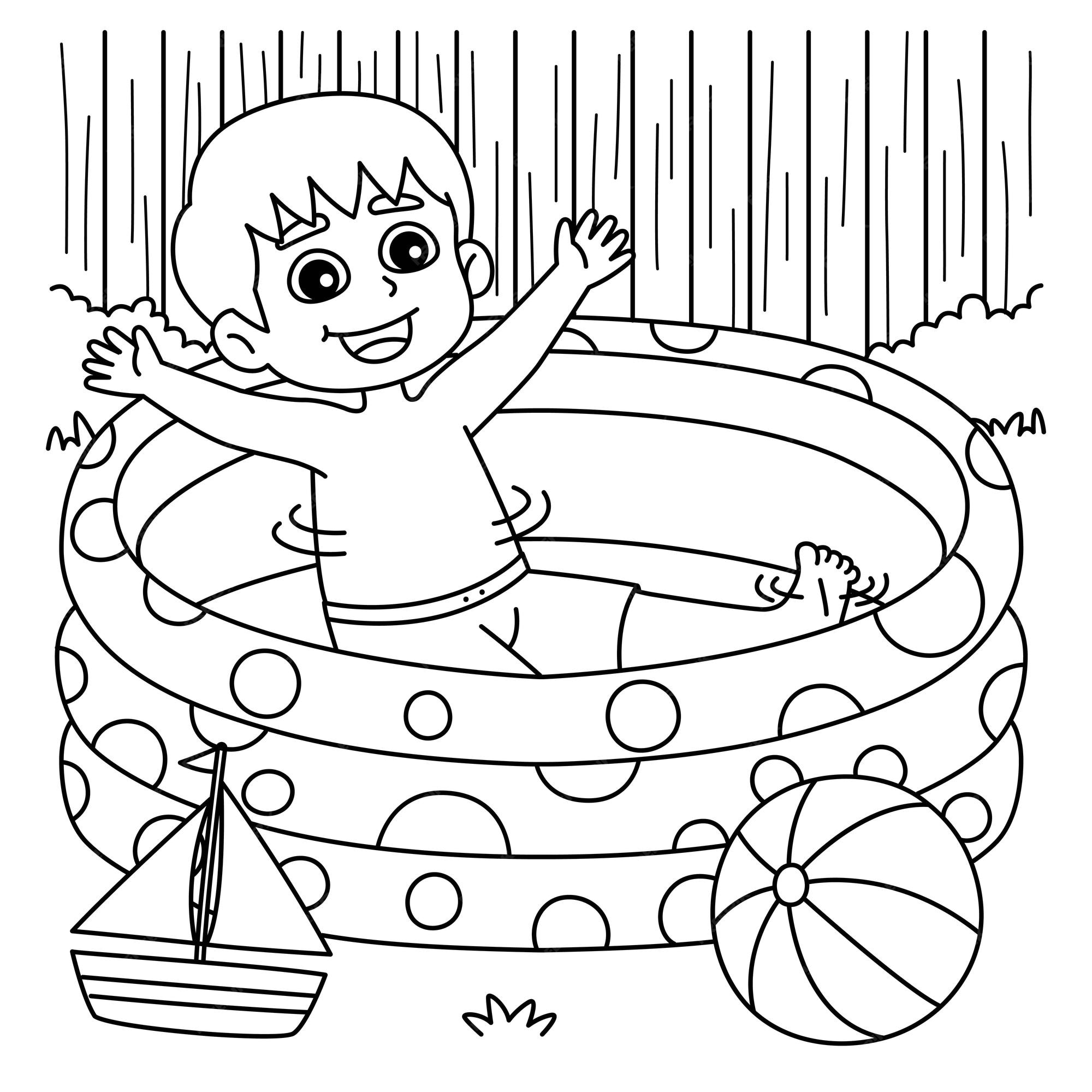 Premium vector a cute and funny coloring page of a boy in a swimming pool provides hours of coloring fun for children color this page is very easy suitable for little