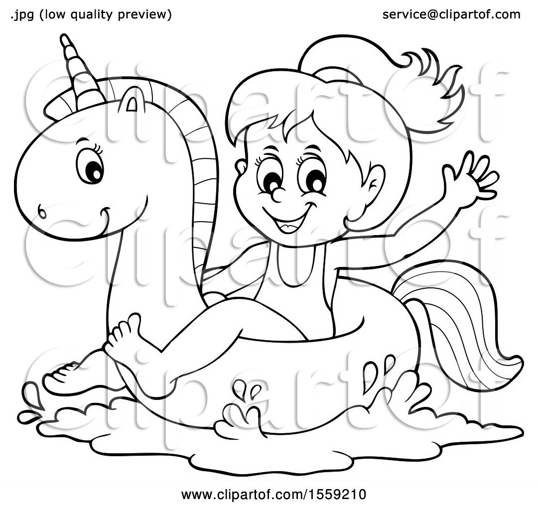 Clipart of a lineart girl on a unicorn swim float