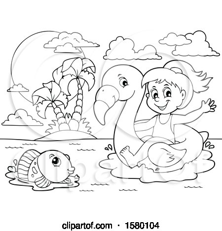 Clipart of a black and white girl on a flamingo swim float near an island