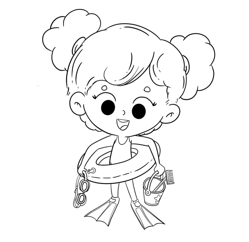 Little girl with a float ready for the beach coloring page