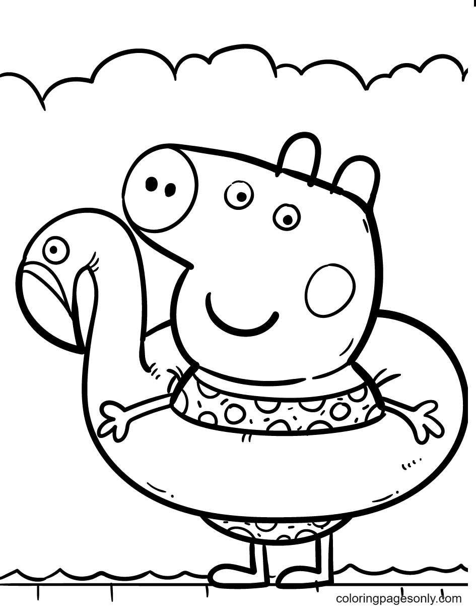 Peppa with flamingo swim float coloring page