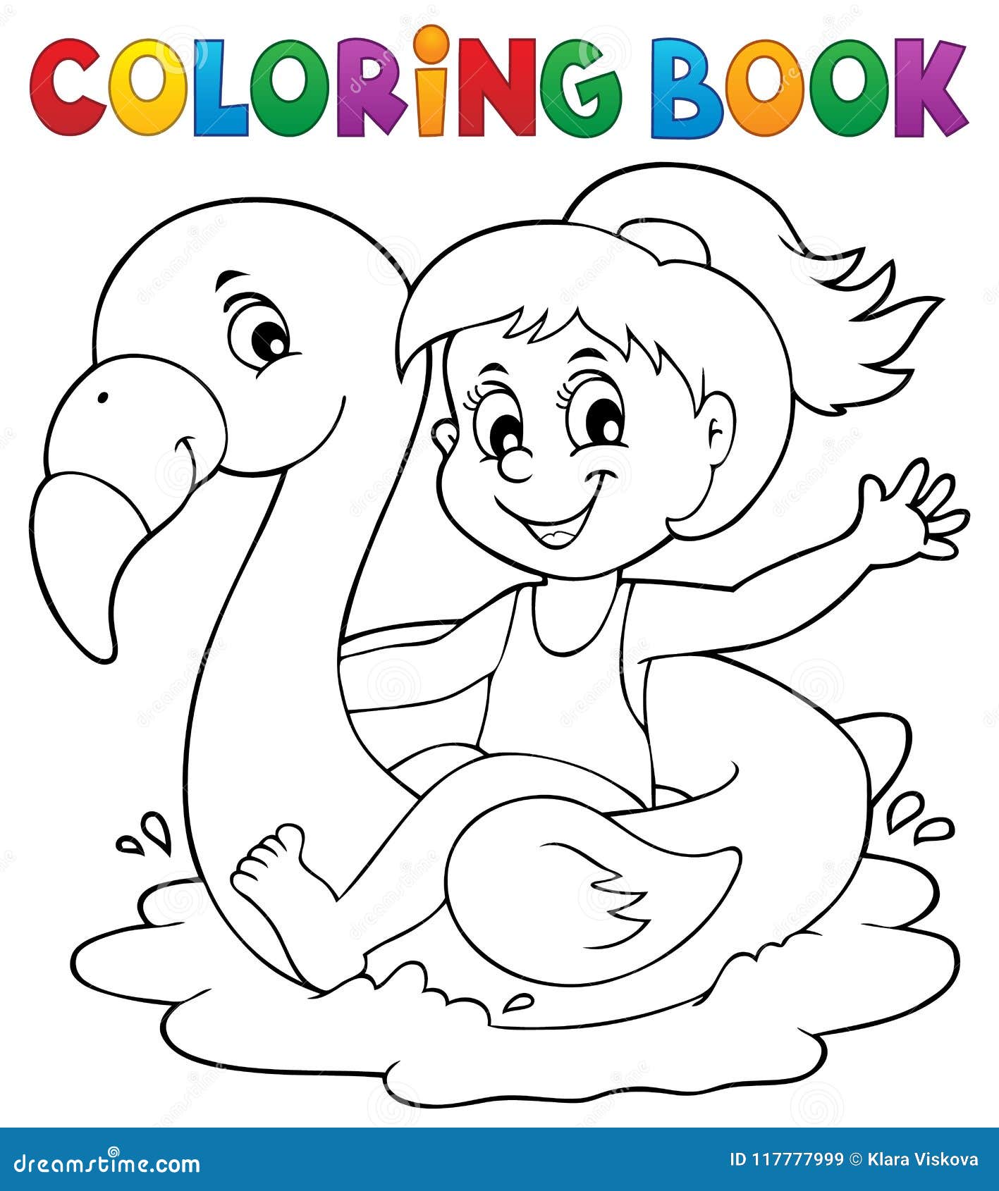 Coloring book girl on flamingo float stock vector