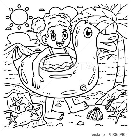 Summer child with swim ring coloring page for kids