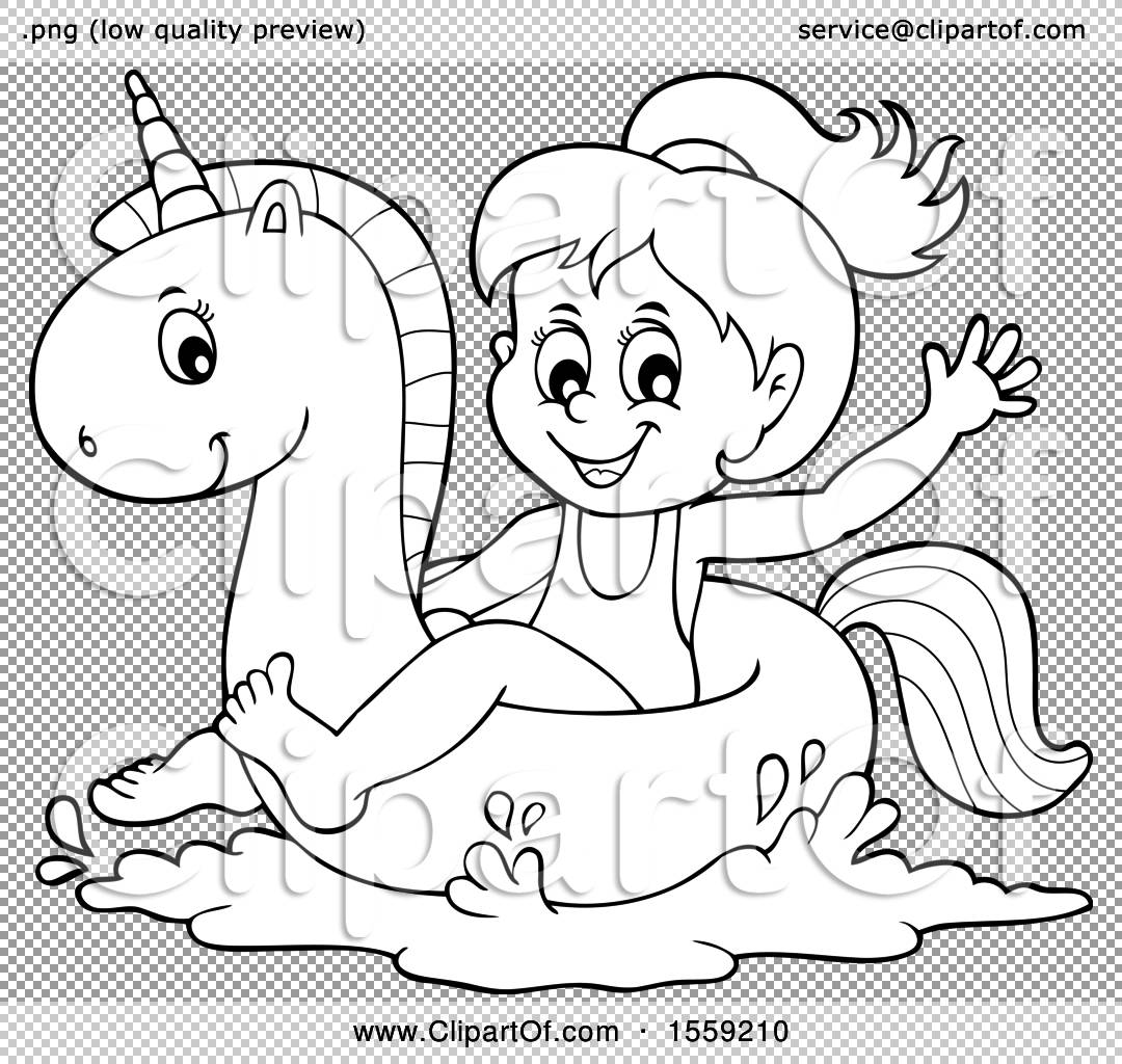 Clipart of a lineart girl on a unicorn swim float