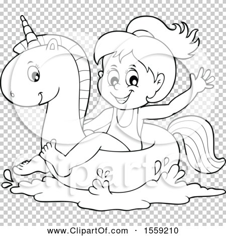 Clipart of a lineart girl on a unicorn swim float