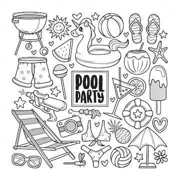 Premium vector pool party drawn doodle coloring