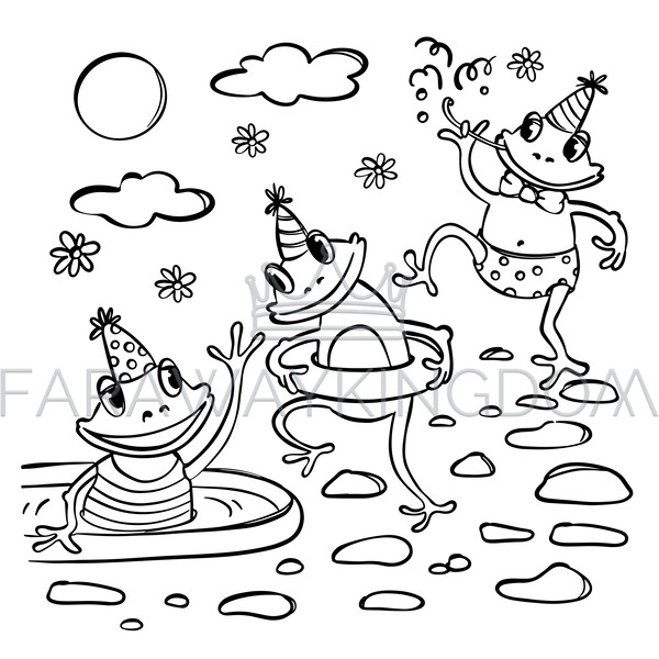 Frog pool party coloring book cartoon vector illustration