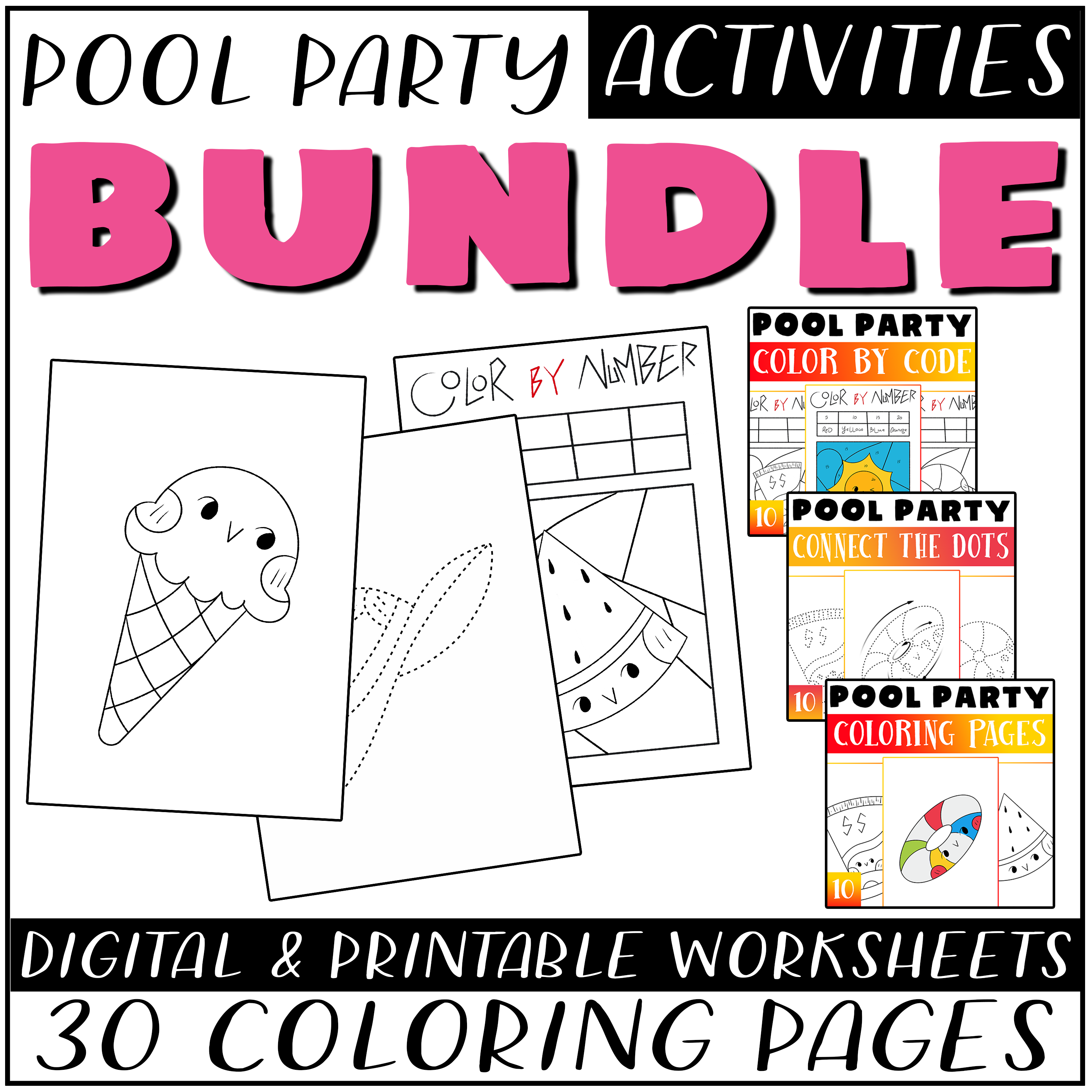 Pool party activity bundle summer coloring pages color by number dot to dot made by teachers