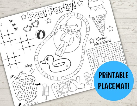 Printable pool party activity sheet kids printable activity sheet place mat activity page kids entertainment page coloring sheet