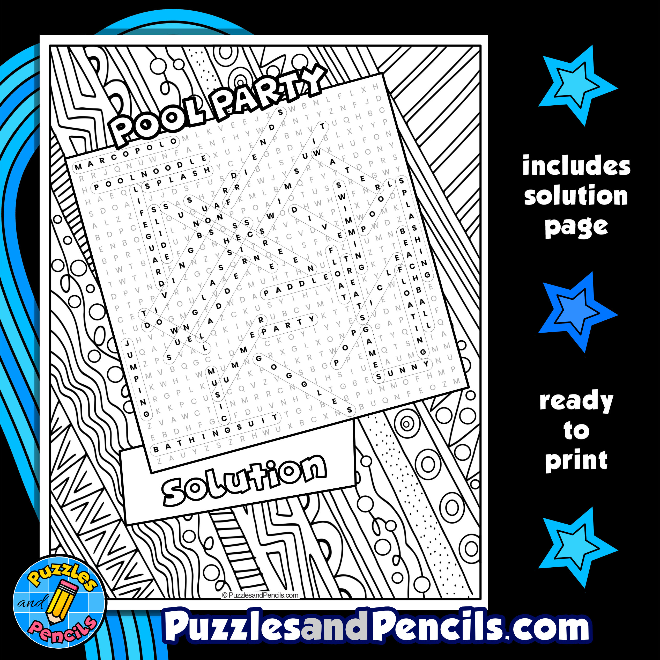 Pool party word search puzzle with coloring summer wordsearch made by teachers