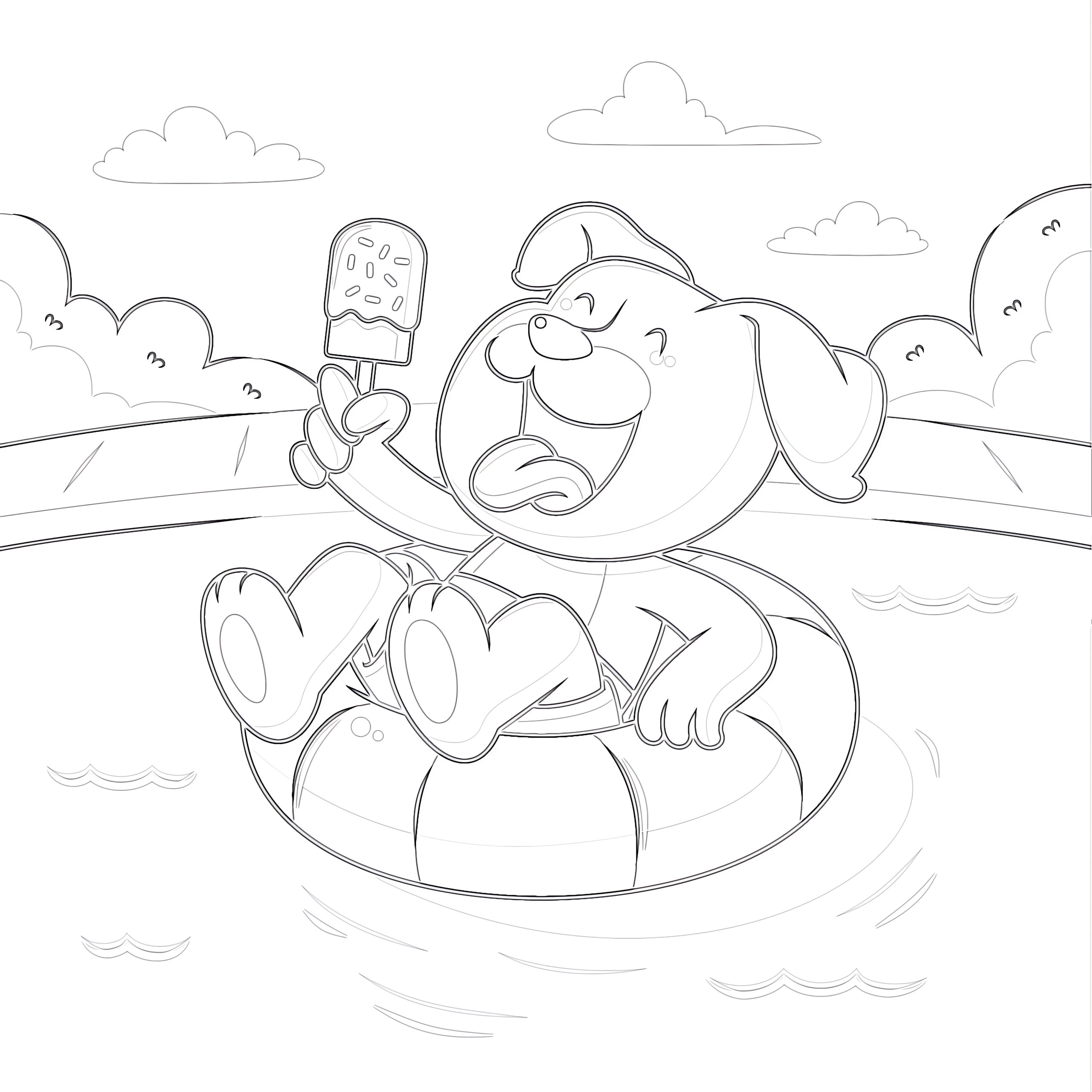 Dog pool party coloring page