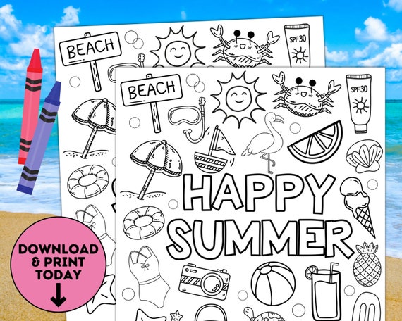 Summer coloring page summer party placemat printable summertime summer activities for kids adults beach game pool party