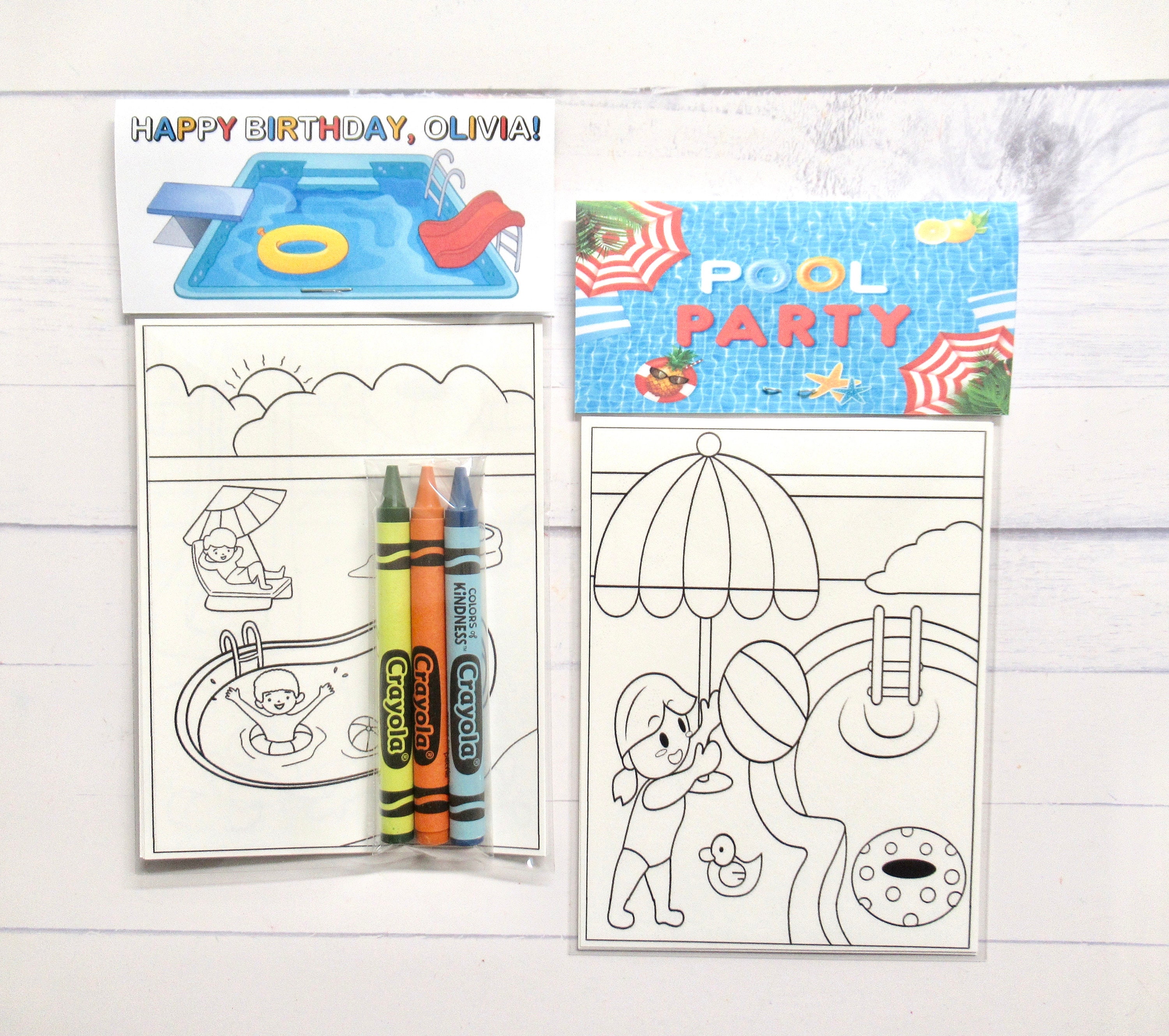 Pool party coloring pages and crayons bag child pool party favors pool themed party summer themed party