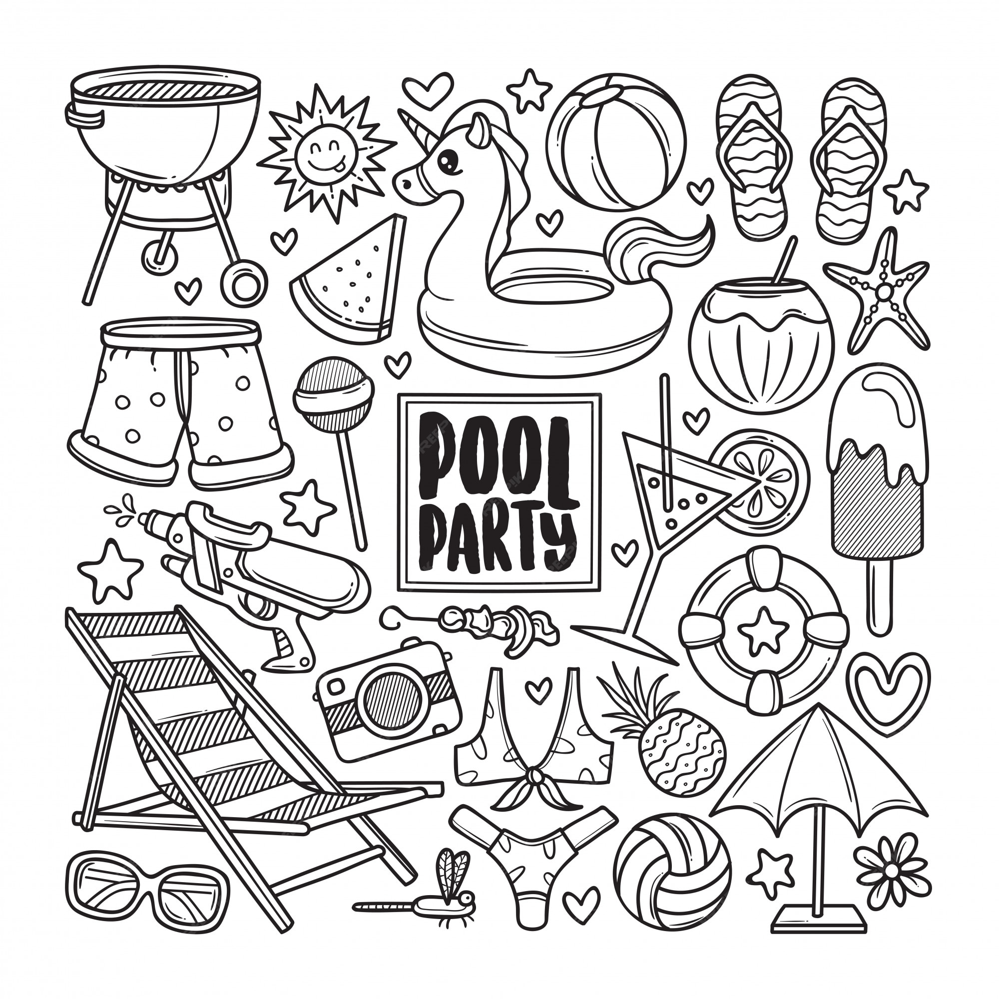 Premium vector pool party drawn doodle coloring