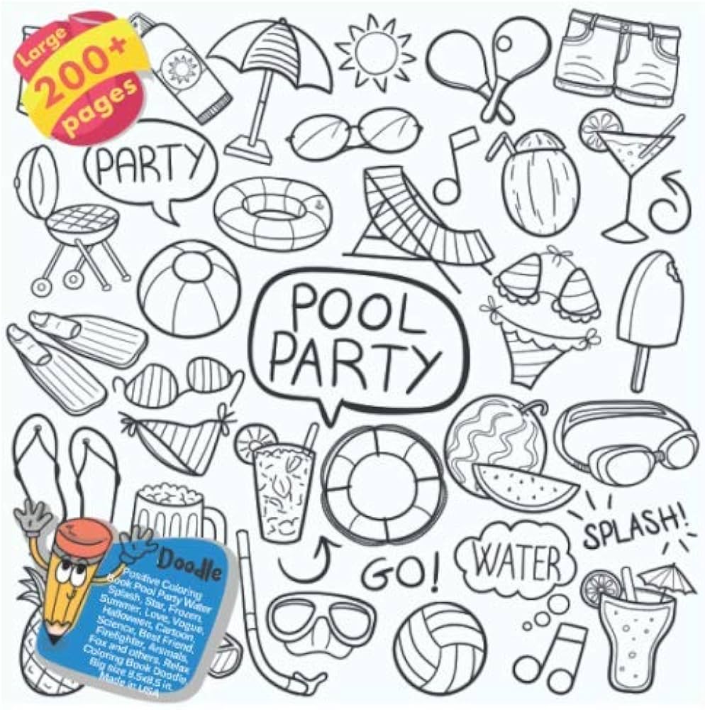 Positive coloring book pool party water splash star frozen summer love vogue halloween cartoon science best friend firefighter animals fox pool party water splash and others doodle ruiz callie