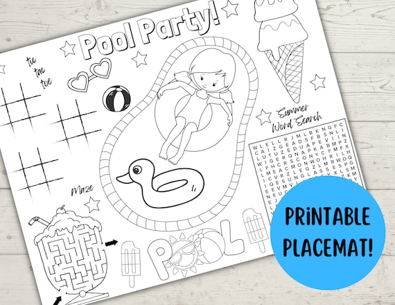 Printable pool party activity sheet kids printable activity sheet place mat activity page kids entertainment page coloring sheet