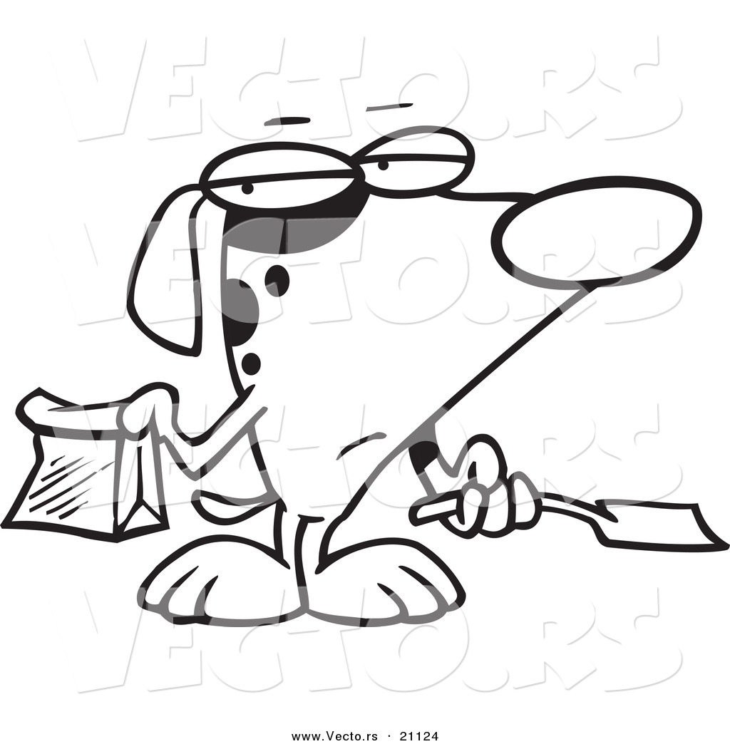 R of a cartoon self cleaning dog scooping his poop