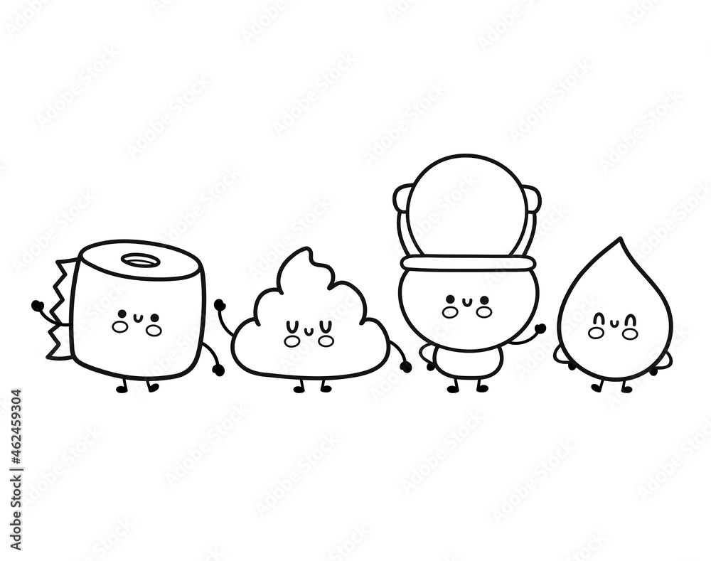 Cute funny happy white toilet bowlpaper rollurine drop and poop set vector cartoon kawaii character illustration icon isolated outline cartoon illustration for coloring book vector