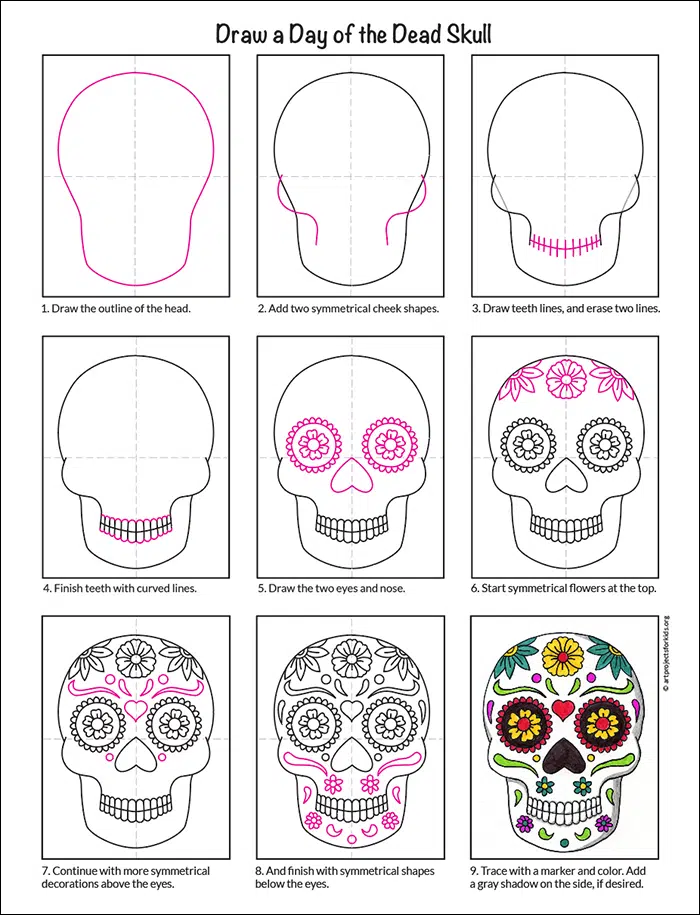 Day of the dead skull drawing for kids and coloring page