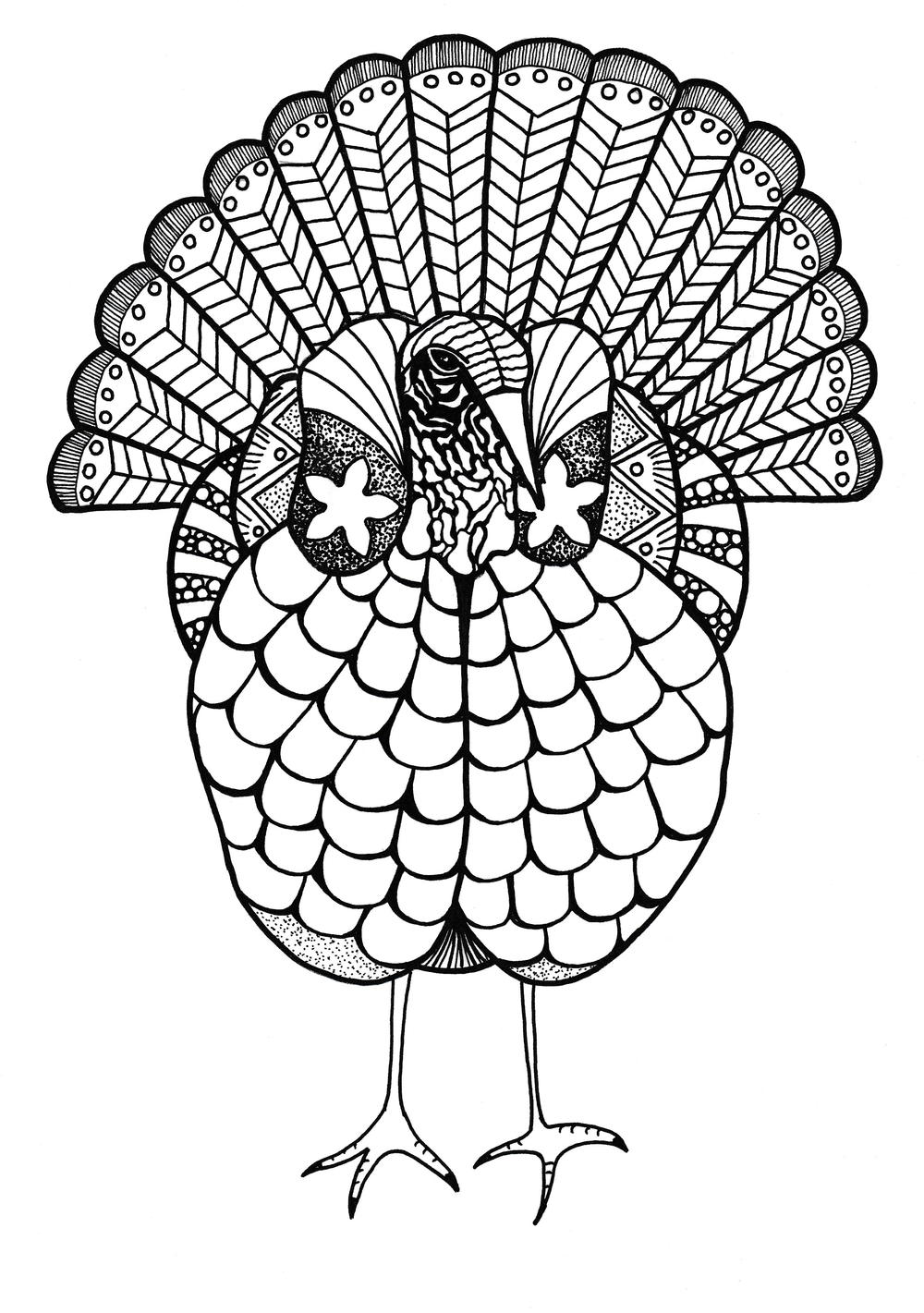 Colorful turkey adult coloring page