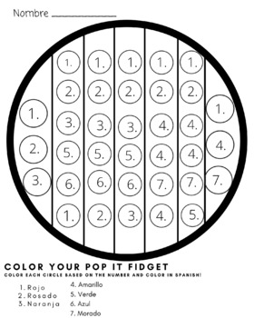 Pop it fidget toy coloring sheet colors in spanish tpt