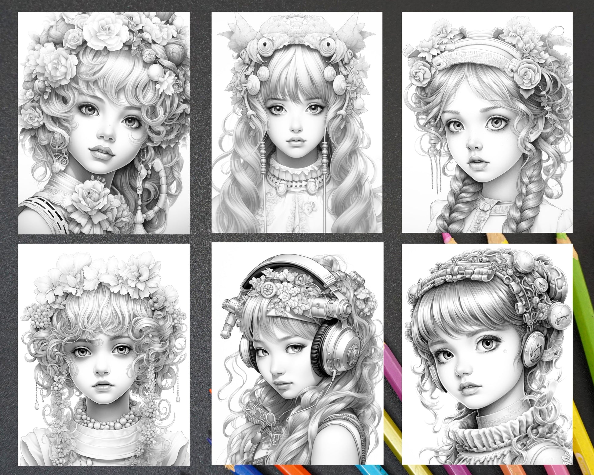 Cute decora girls grayscale coloring pages printable for adults kid â coloring