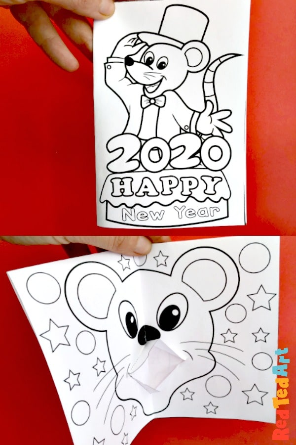 Year of the rat colouring page pop up card