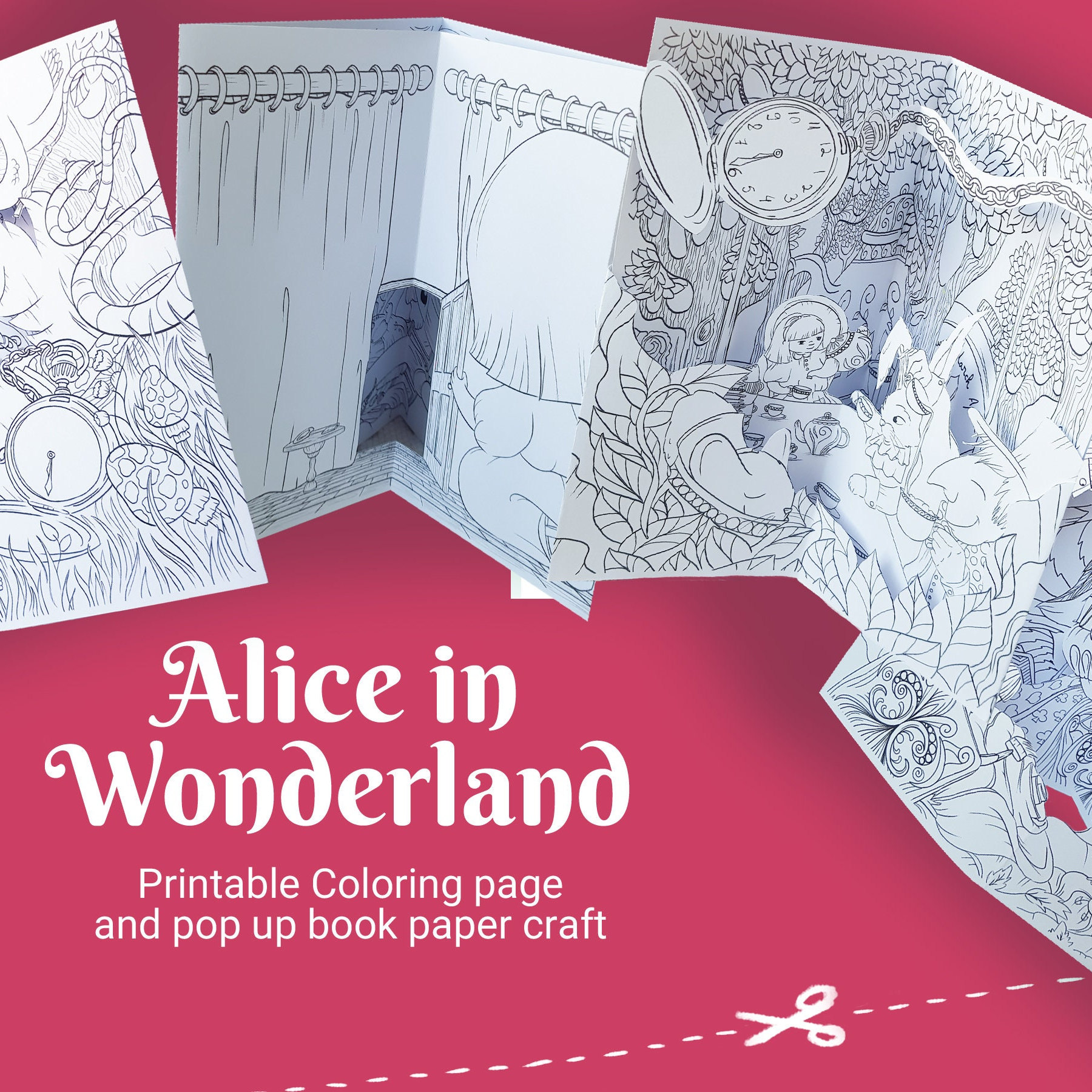 Alice in wonderland diy pop up book project and coloring pages for children and adults set of coloring pages digital download