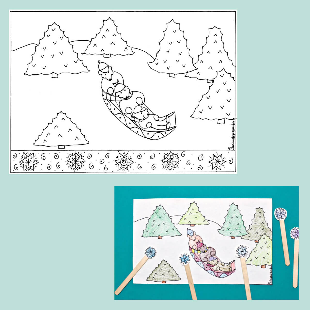 Sledding coloring page with snowflake puppets