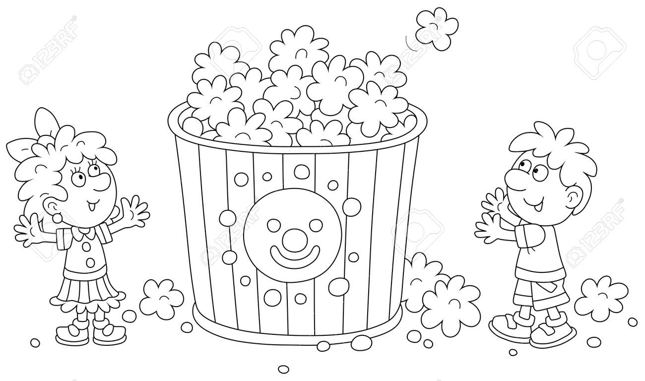 Happy little kids waving their hands in joy near a big popcorn bucket at a fun party black and white outline vector cartoon illustration for a coloring book page royalty free svg