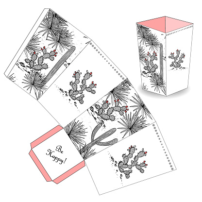 Cute popcorn box with hand drawn sketch cactus favor gift box just print cut out and glue it together stock illustration