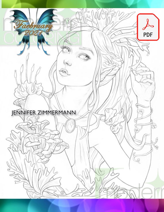 Faebruary line art bundle poppy fae staghorn nymph fairy coloring pages printablepdf modern coloring jennifer zimmermann