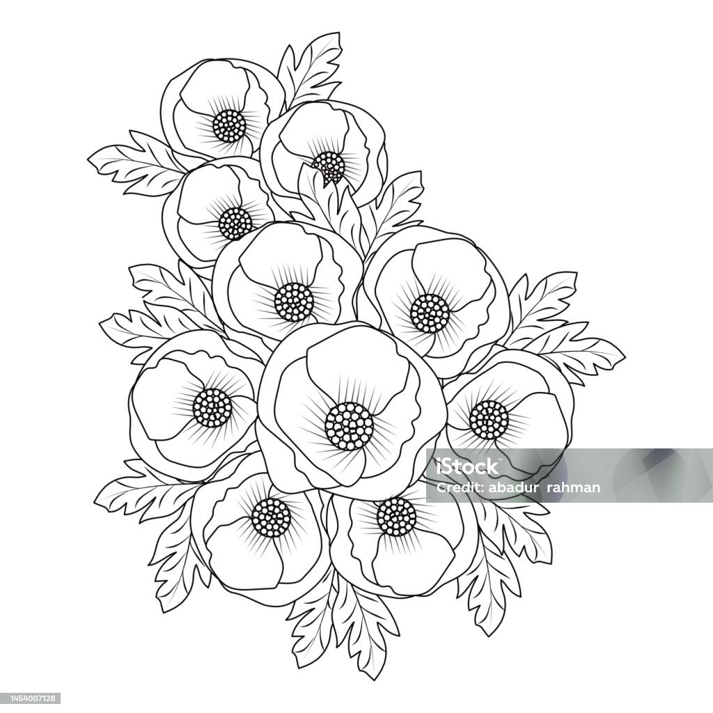 Poppy illustration of blossom flower coloring book page line art design of vector graphic design stock illustration