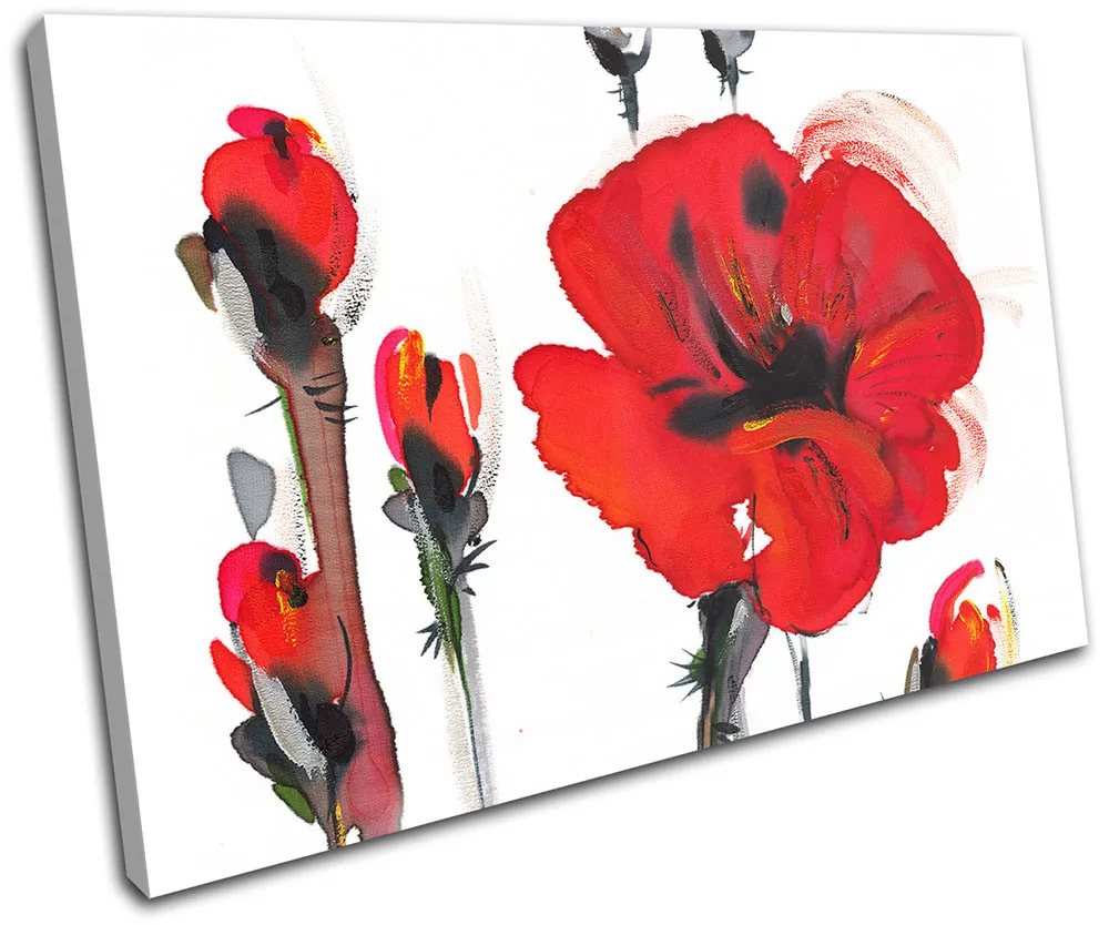 Painting style poppies poppy floral single canvas wall art picture print