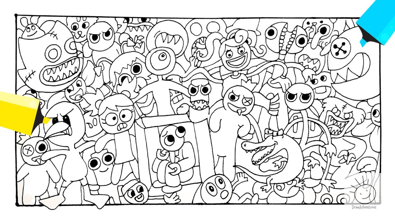 Rainbow friends doors and poppy playtie coloring page