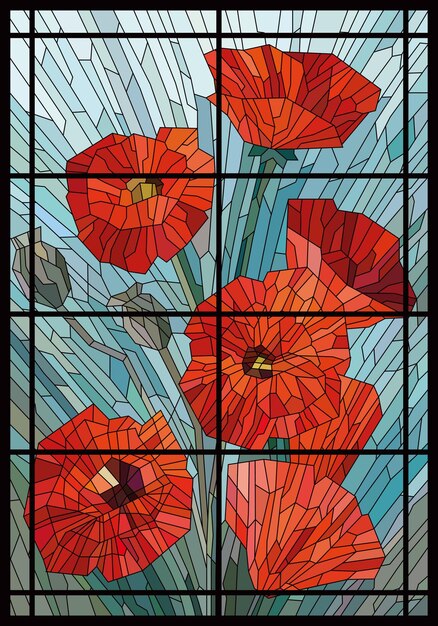 Premium vector color stained glass large flowers of poppies on a gray turquoise background in the window black lines