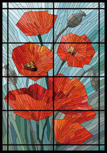 Premium vector stained glass big flowers poppies on a gray turquoise background in the window black lines