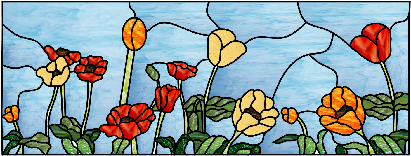 Colorful poppypoppies leaded stained glass window panel