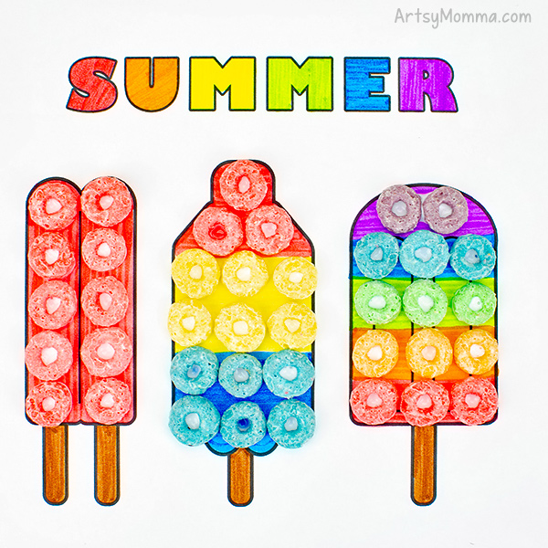 Colorful popsicle art project using fruit loops