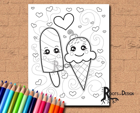 Instant download coloring page ice cream and popsicle in love art coloring print doodle art printable