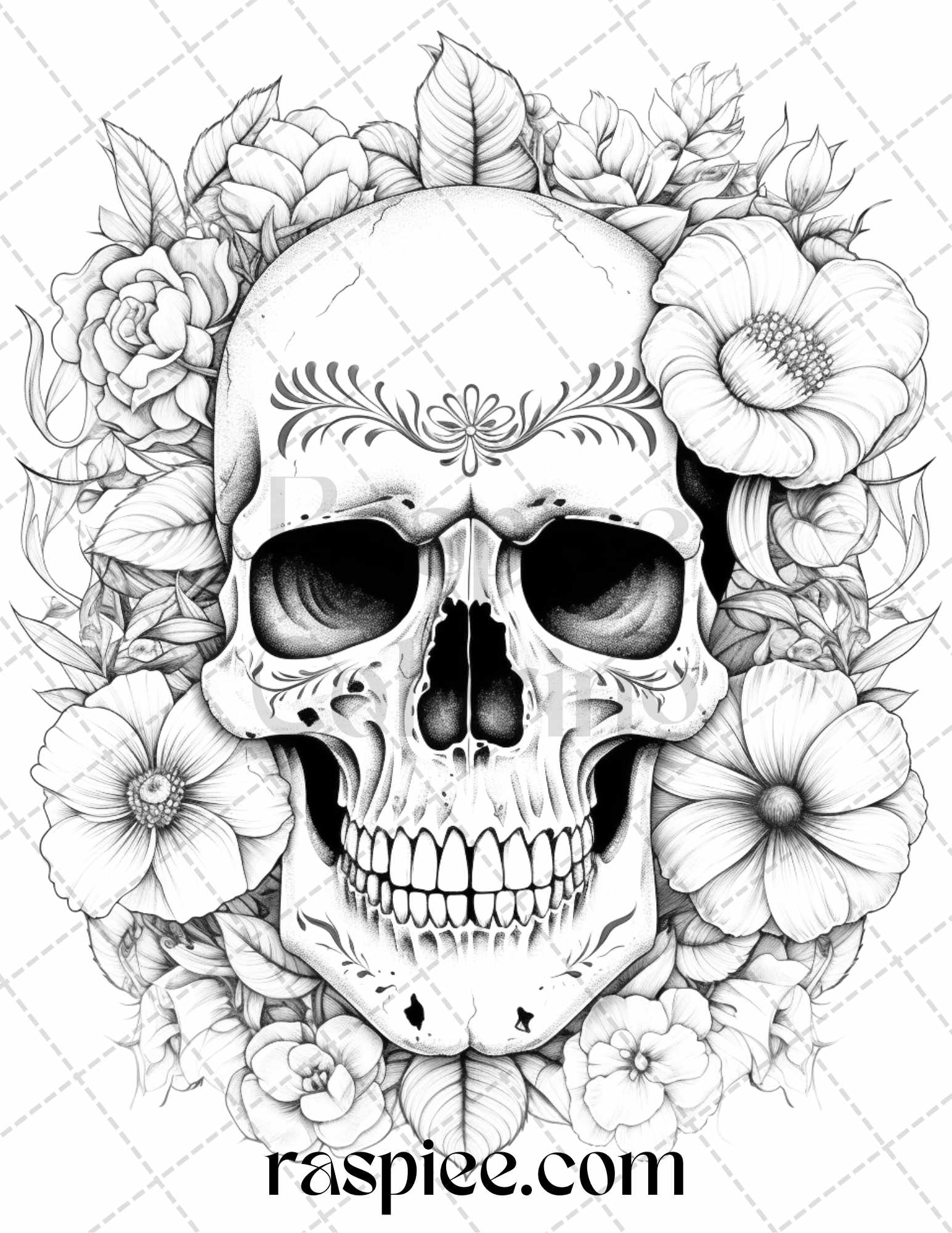 Floral skull grayscale coloring pages for adults stress relief col â coloring