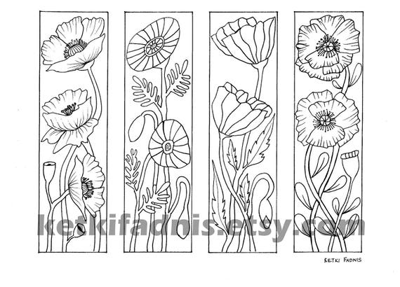 Coloring bookmarks poppy flowers bookmarks coloring page instant pdf download digital download hand drawn diy coloring page instant download