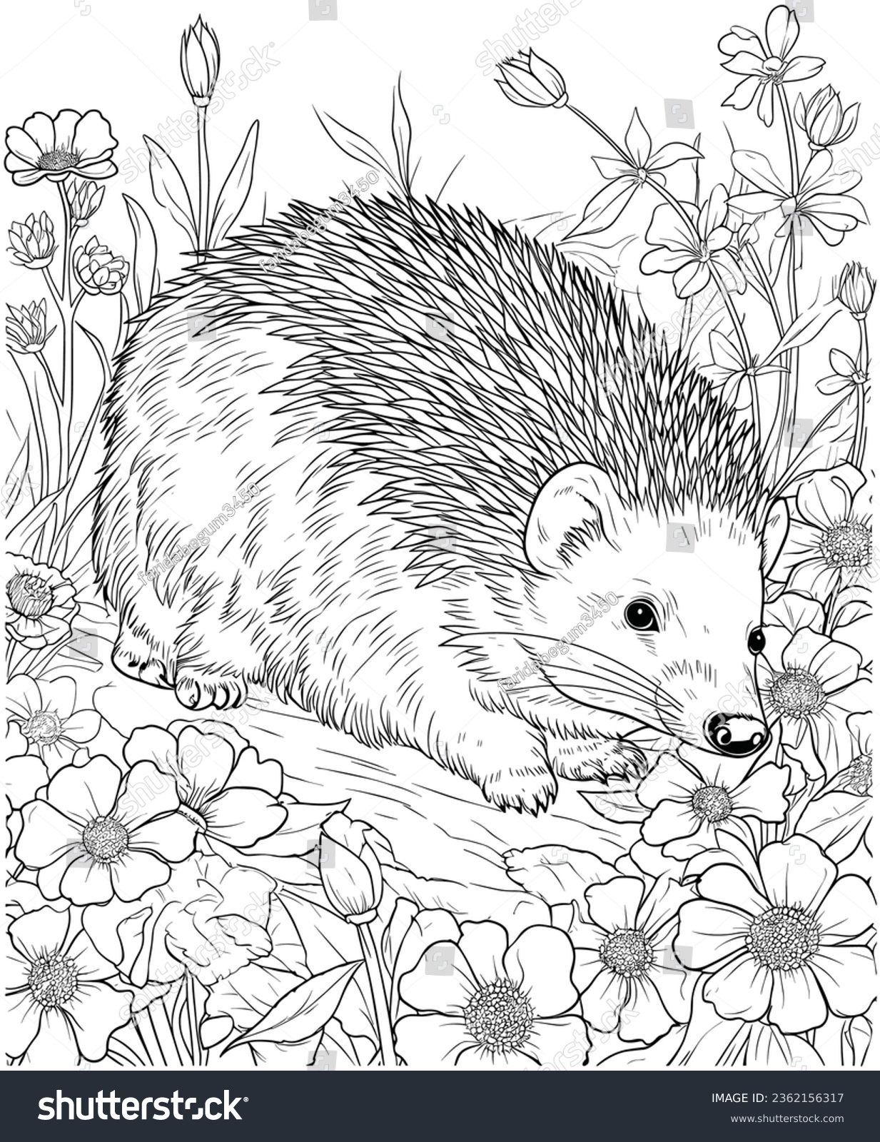 Porcupine flowers coloring page line art stock vector royalty free