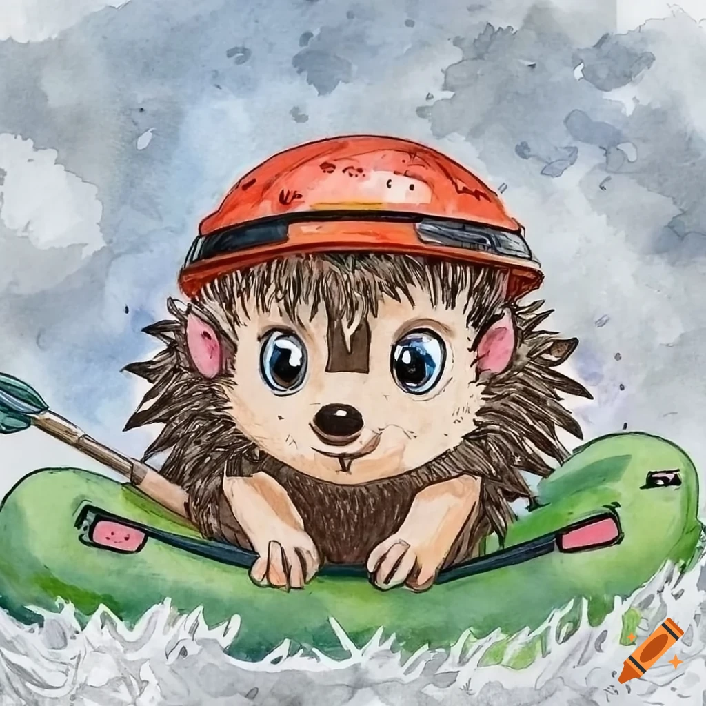 A cute hedgehog wearing a a helmet white water rafting down a river with friends for a coloring book page heavy line art realistic cartoon style black and white on