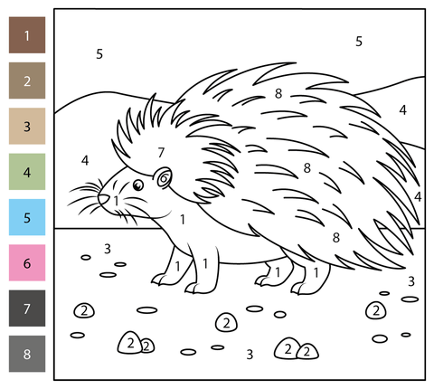 Porcupine color by number free printable coloring pages