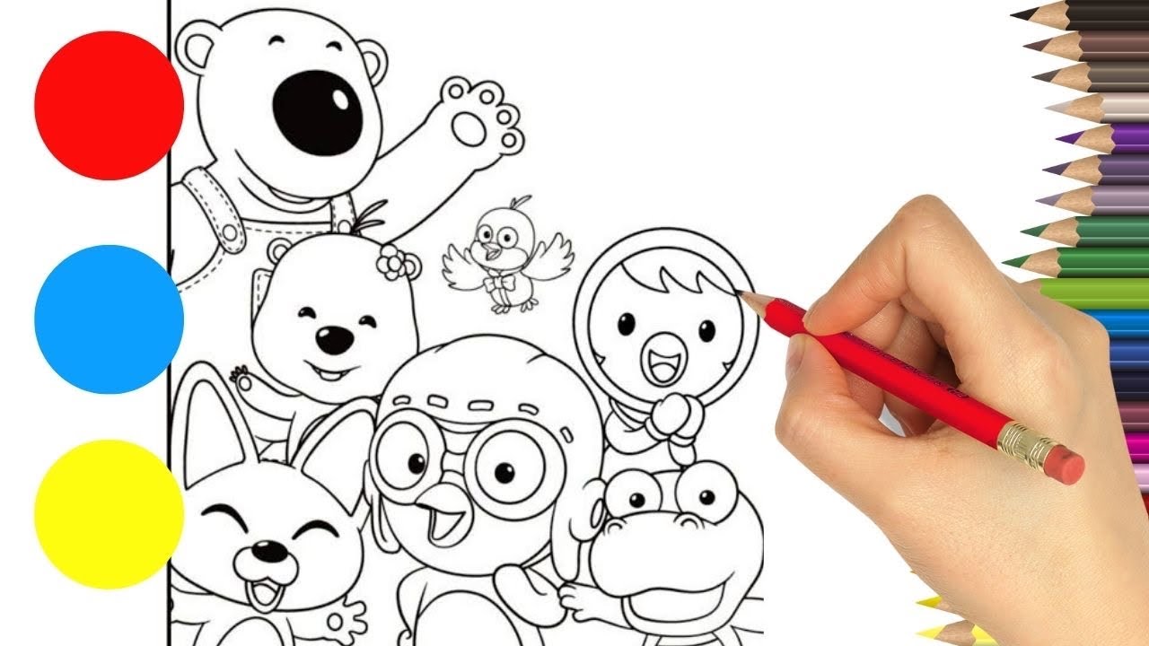 Colorong pororo with kind all friends drawing pororo drawing tutorial