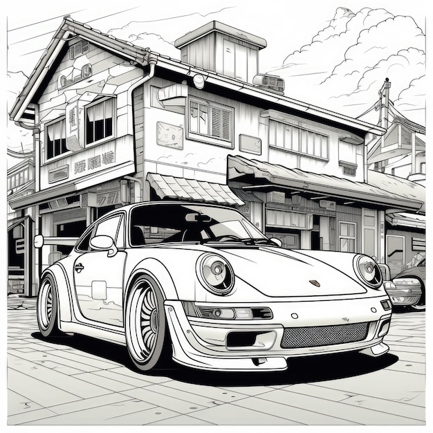 Premium ai image colorful mangainspired coloring page porsche widebodykit by rwb in kyotos car repair shop