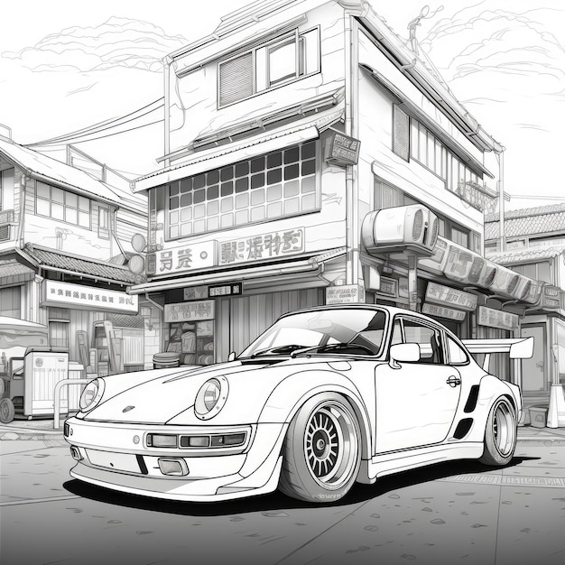 Premium ai image vibrant and playful mangastyle coloring page featuring a porsche widebodykit by rwb in front o