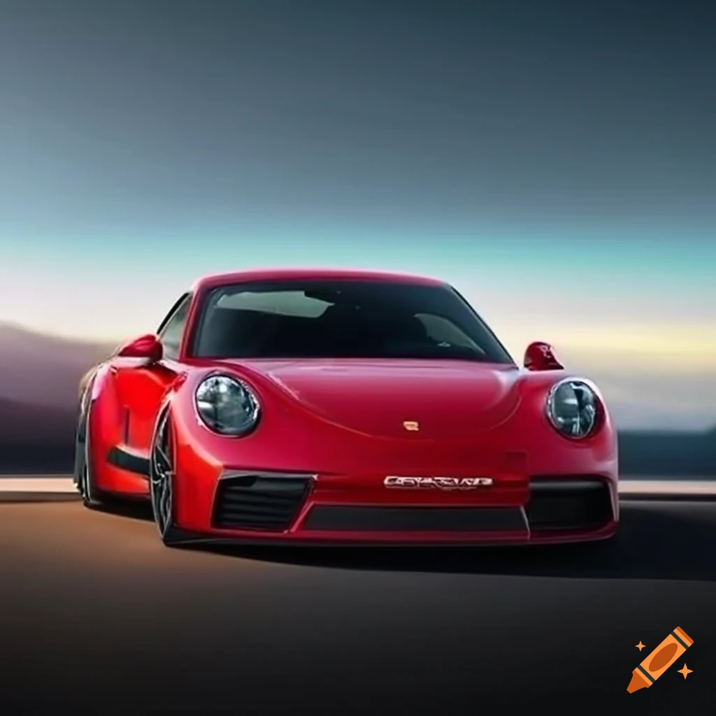 Generate a highly detailed picture of a porsche sports car with the following visual elements model porsche body style coupe exterior color guards red year highly reflective glossy paint finish